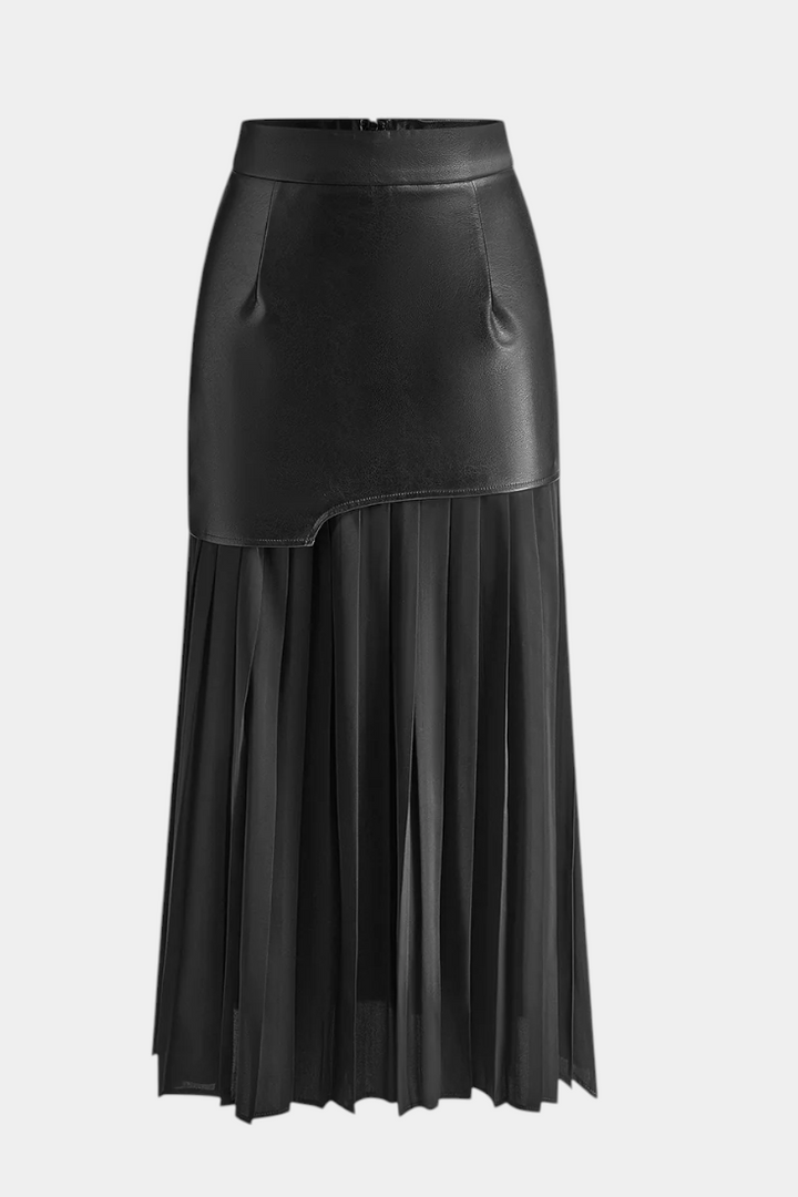 Caressa - Asymmetric Satin and Faux Leather Maxi Skirt