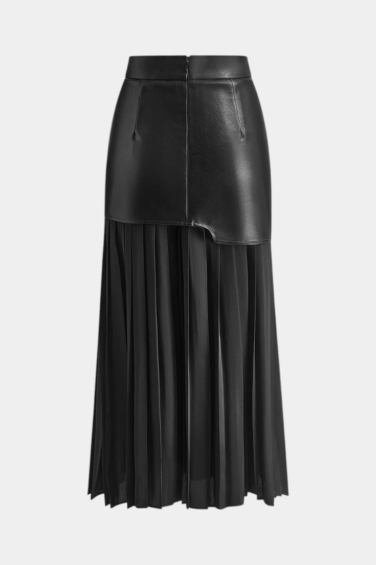 Caressa - Asymmetric Satin and Faux Leather Maxi Skirt