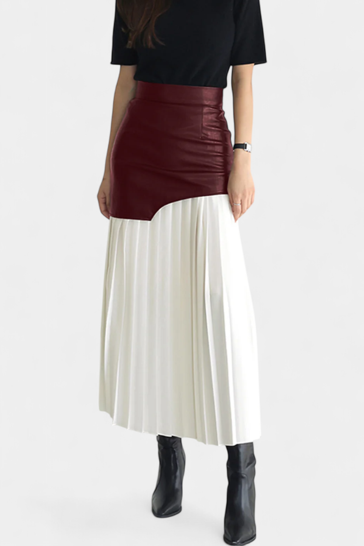 Caressa - Asymmetric Satin and Faux Leather Maxi Skirt