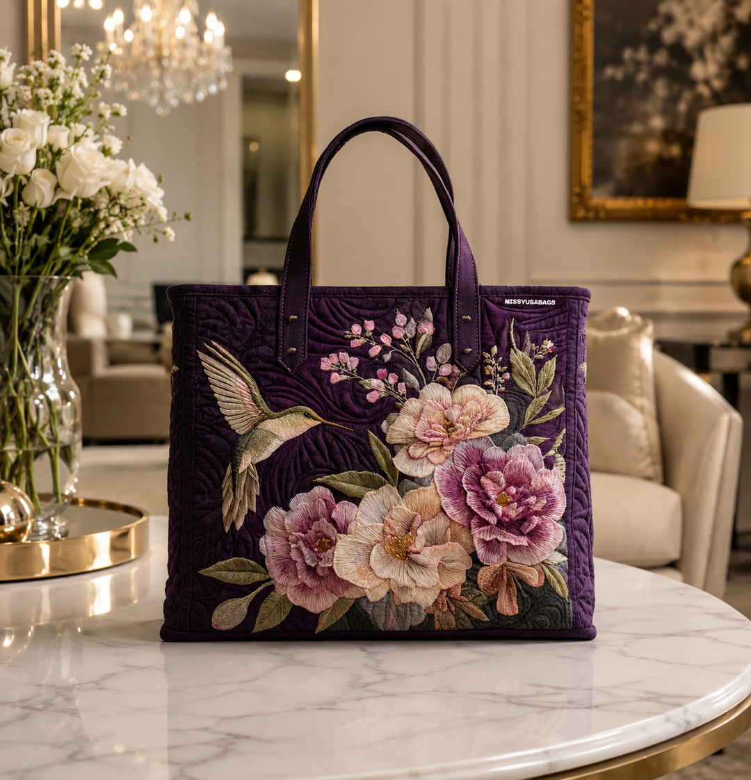 Bolsa Tote Acolchada - Colibríes y Orquídeas