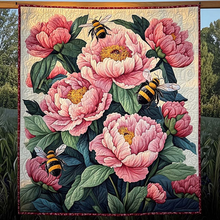 Busy Bees and Peonies Art Quilt Wall Hanging