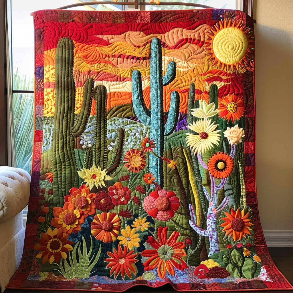 Cactus Desert Sunrise Quilted Blanket