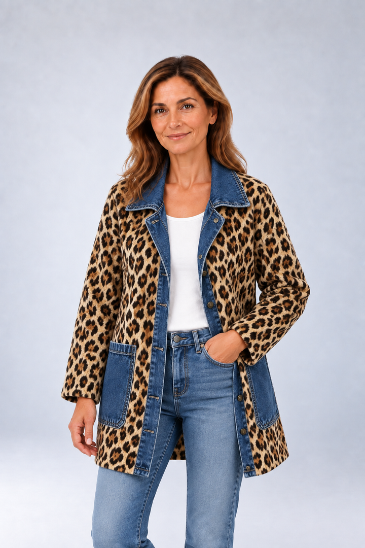 Maude - Leopard Print Denim-Trim Long Jacket
