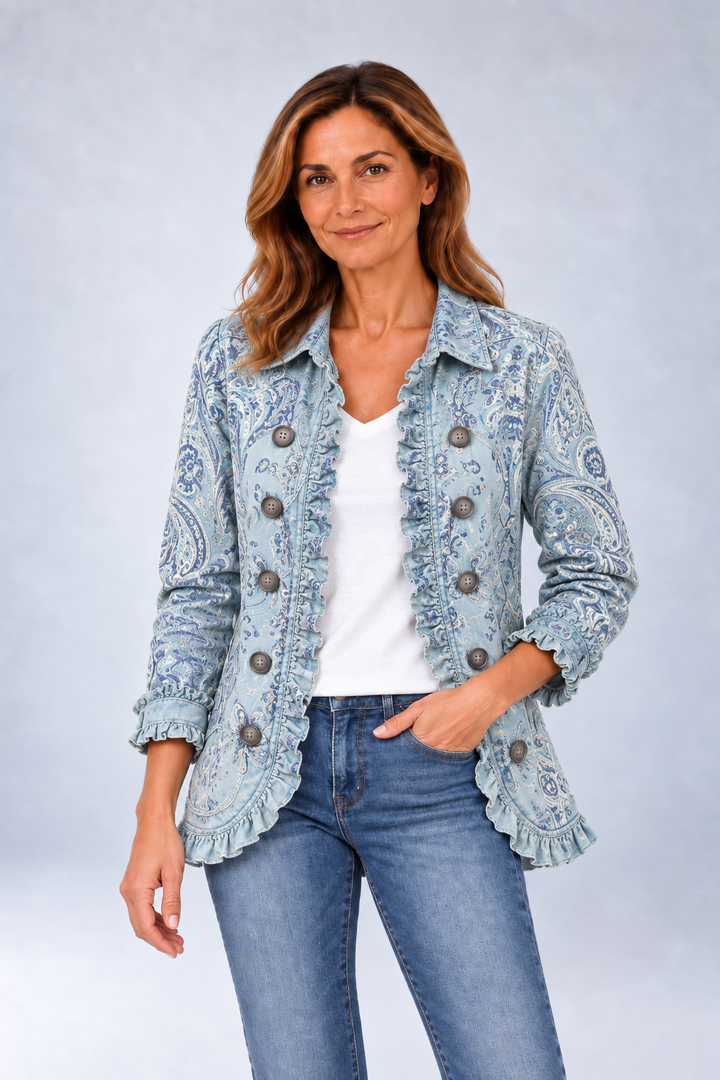 Philippa - Sky Blue Vintage Paisley Lace-Trim Jacket