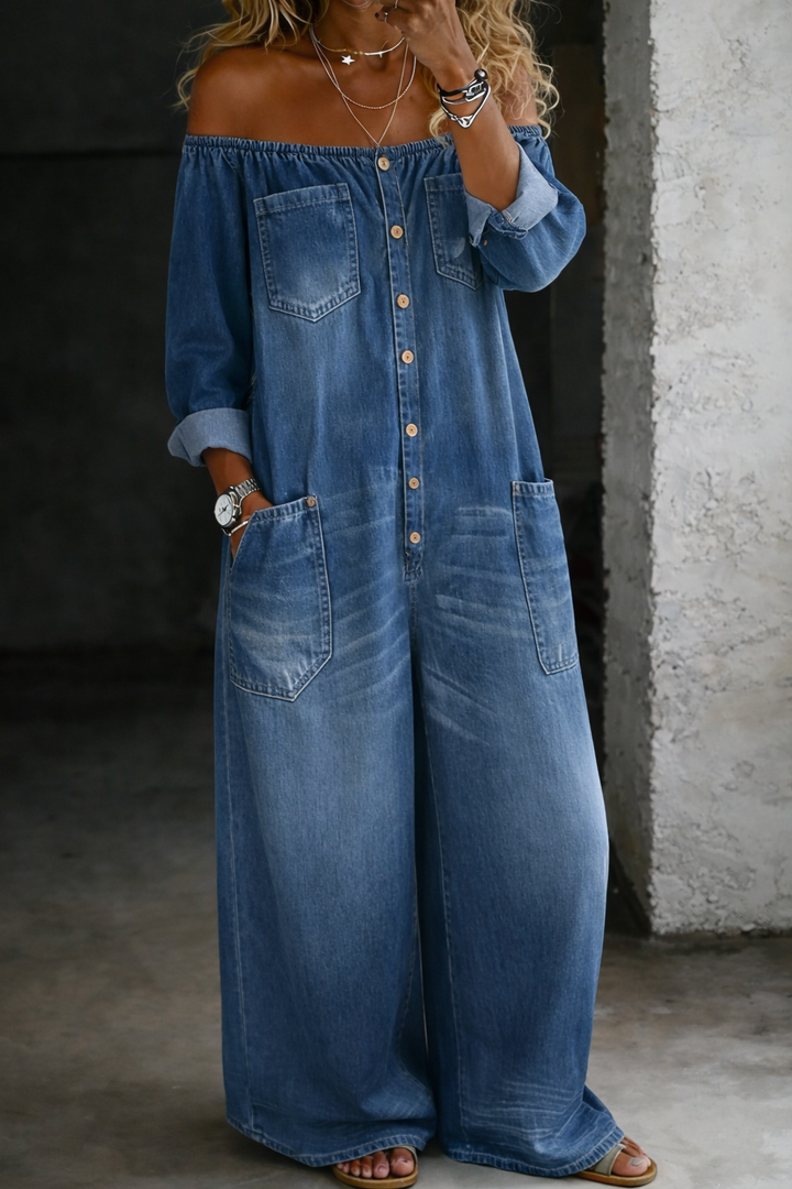 Sybil - Off-Shoulder Long-Sleeve Denim Jumpsuit