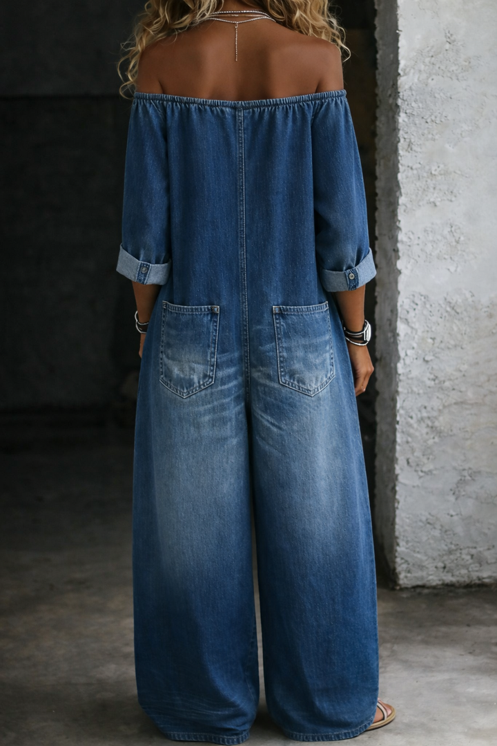 Sybil - Off-Shoulder Long-Sleeve Denim Jumpsuit