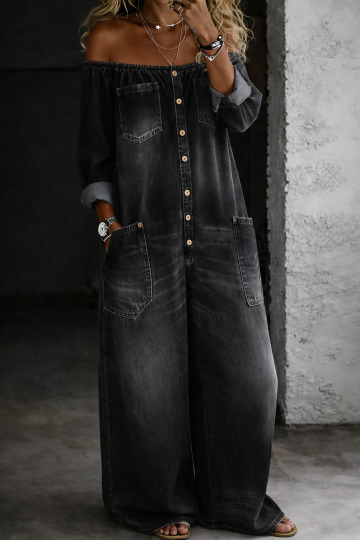 Sybil - Off-Shoulder Long-Sleeve Denim Jumpsuit