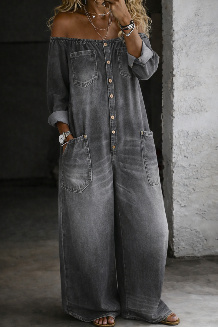 Sybil - Off-Shoulder Long-Sleeve Denim Jumpsuit