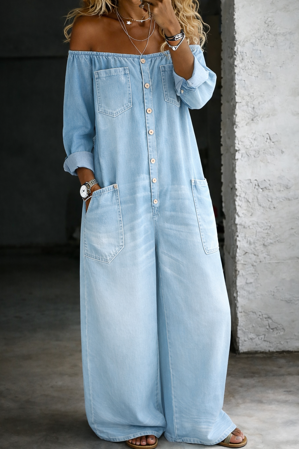 Sybil - Off-Shoulder Long-Sleeve Denim Jumpsuit