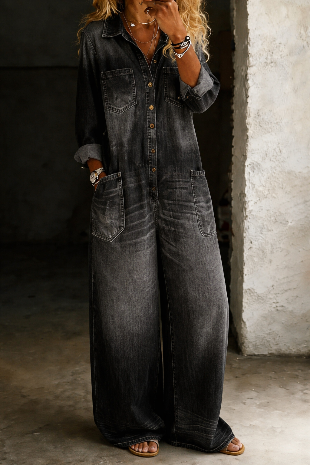 Alfreda - Long Belted Denim Jumpsuit