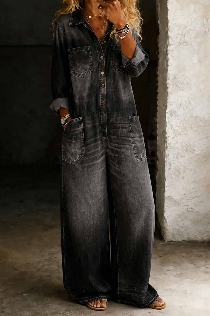 Alfreda - Long Belted Denim Jumpsuit