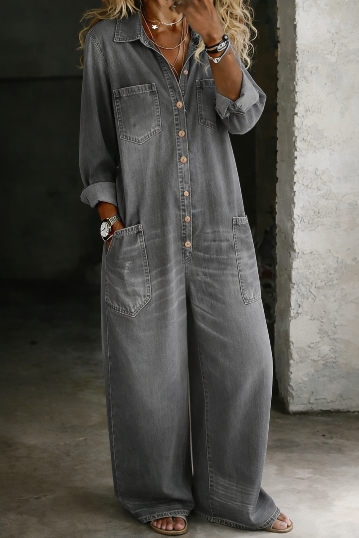 Alfreda - Long Belted Denim Jumpsuit
