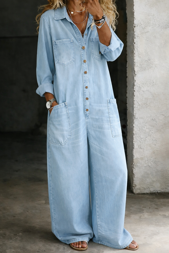 Alfreda - Long Belted Denim Jumpsuit