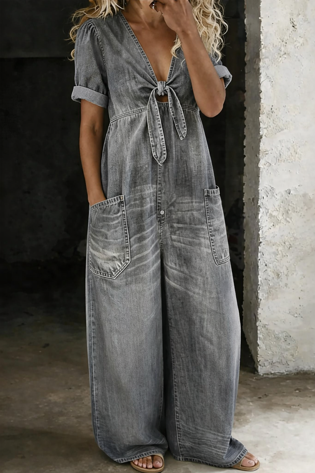 Bonnie - Short-Sleeve V-Neck Denim Jumpsuit