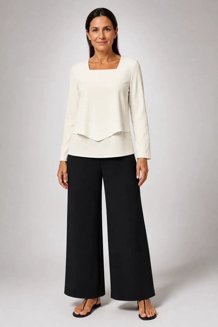 Alana - Off-White Square-Neck Top and Wide-Leg Pants Set