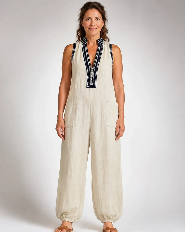 Philomena - Beige Sleeveless High-Neck Jumpsuit