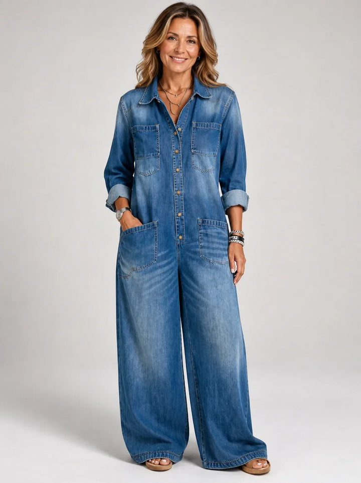 Alfreda - Long Belted Denim Jumpsuit