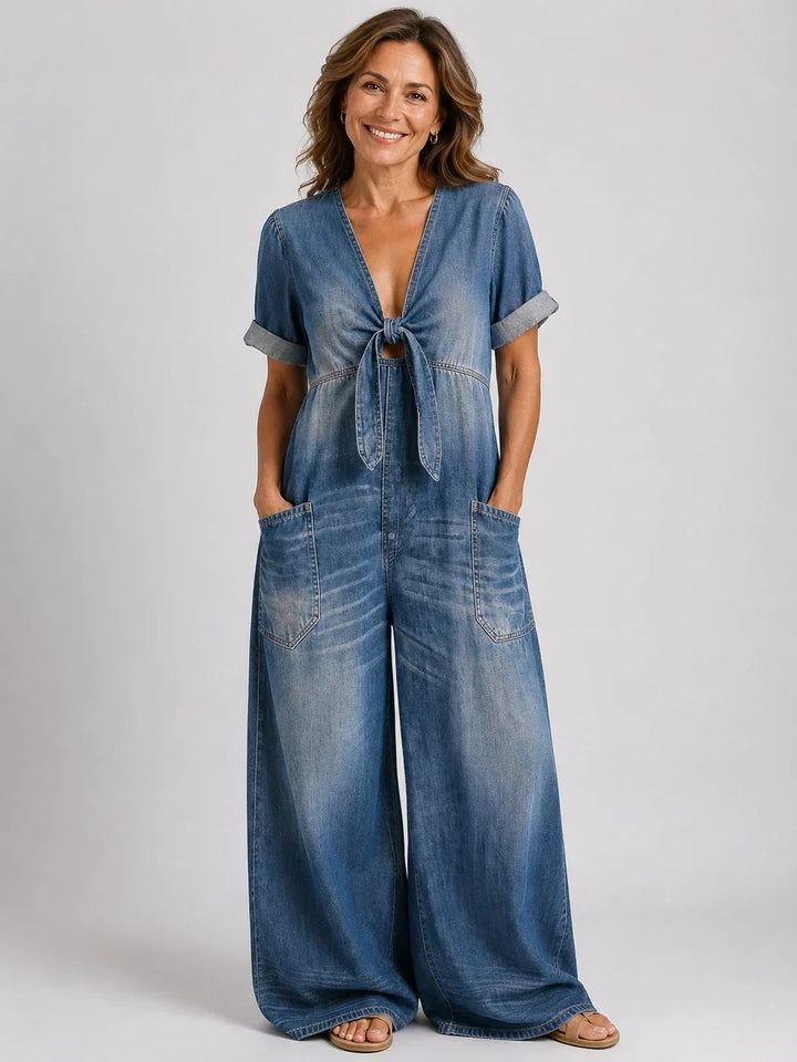 Bonnie - Short-Sleeve V-Neck Denim Jumpsuit