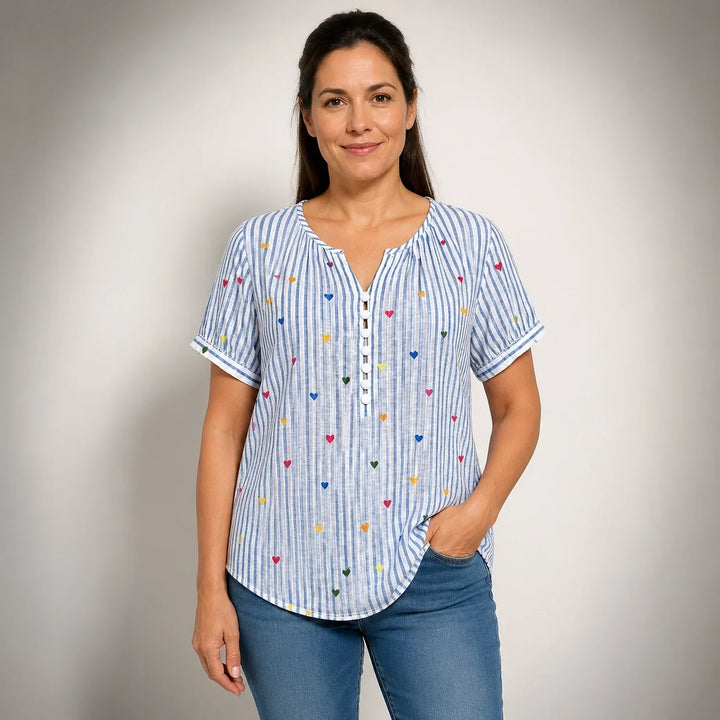 Liana - Blue Striped Heart Print Blouse