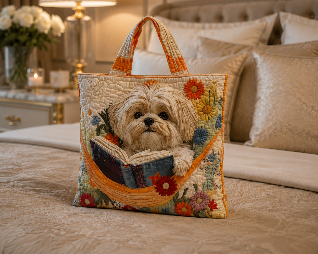 Bolsa Tote Acolchada - Shih Tzu con Libros y Flores