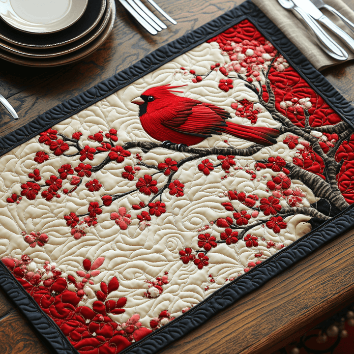 Cherry Red Cardinal Quilted Placemat Set