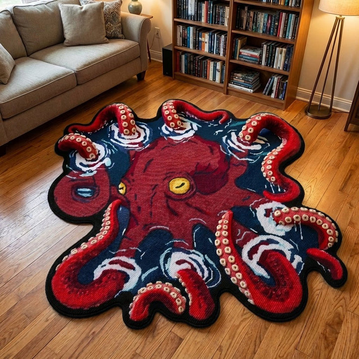 Crimson Kraken Shaped Area Rug