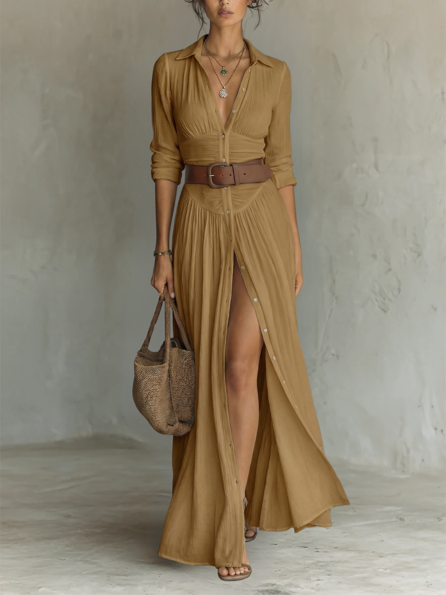 Blanche - Linen-Blend Maxi Dress with Long Sleeves