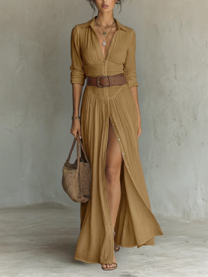 Blanche - Linen-Blend Maxi Dress with Long Sleeves