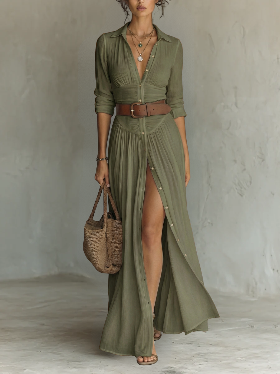 Blanche - Linen-Blend Maxi Dress with Long Sleeves