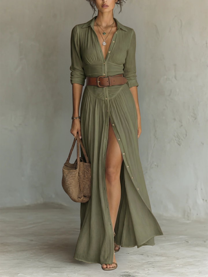 Blanche - Linen-Blend Maxi Dress with Long Sleeves
