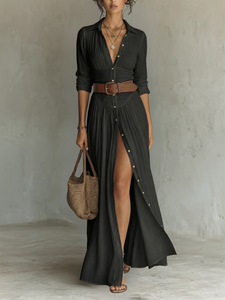 Blanche - Linen-Blend Maxi Dress with Long Sleeves