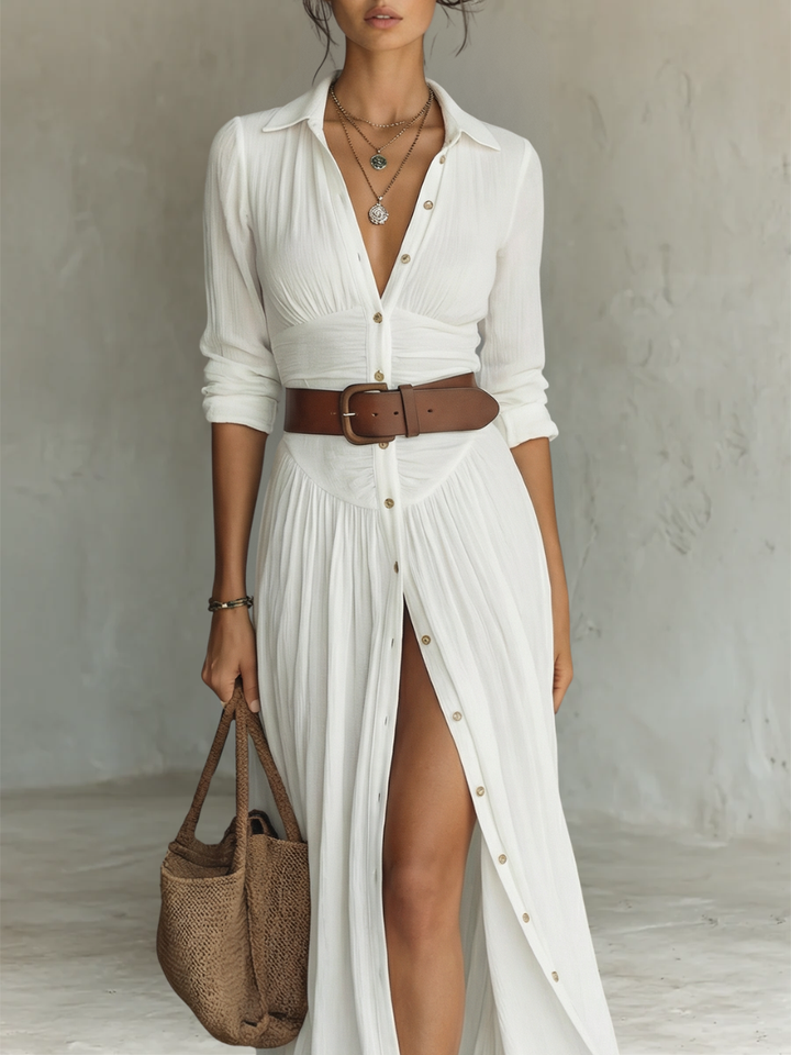 Blanche - Linen-Blend Maxi Dress with Long Sleeves