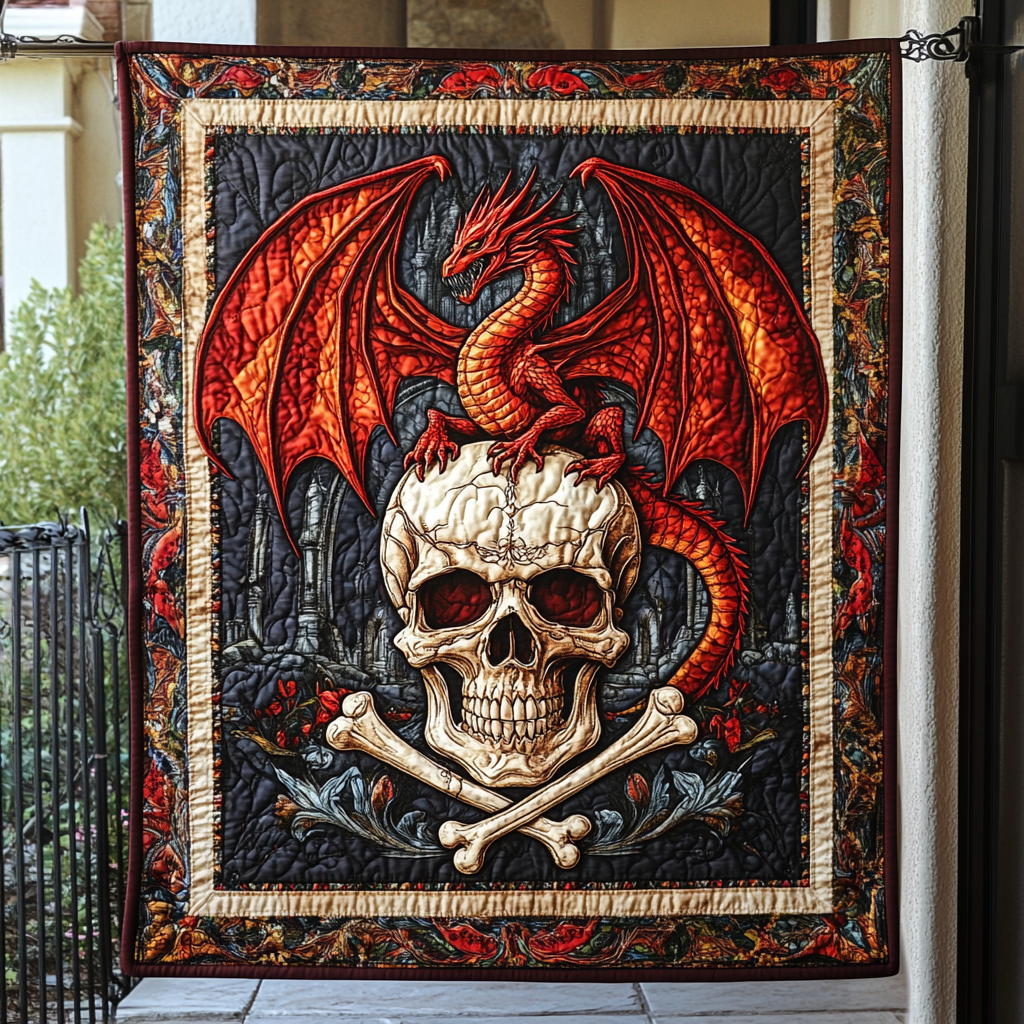 Dragon and Skull Throne Quilted Blanket