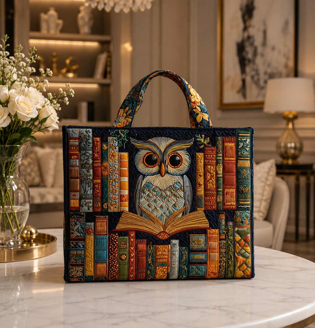 Bolsa Tote Acolchada - Búho y Libros Antiguos