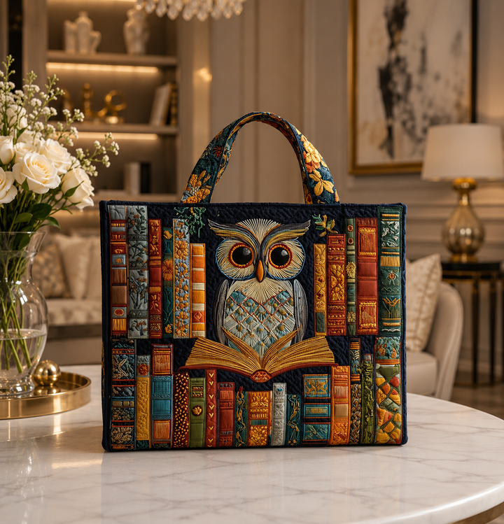Bolsa Tote Acolchada - Búho y Libros Antiguos