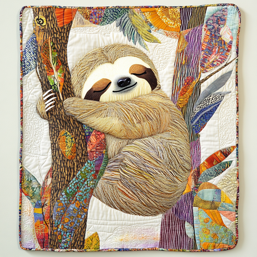 Flower and Leaf Friend Sloth Quilted Blanket