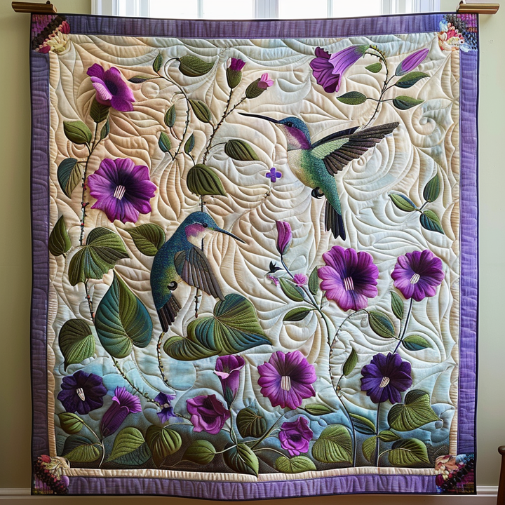 Dance of Flowers Hummingbird Quilted Blanket