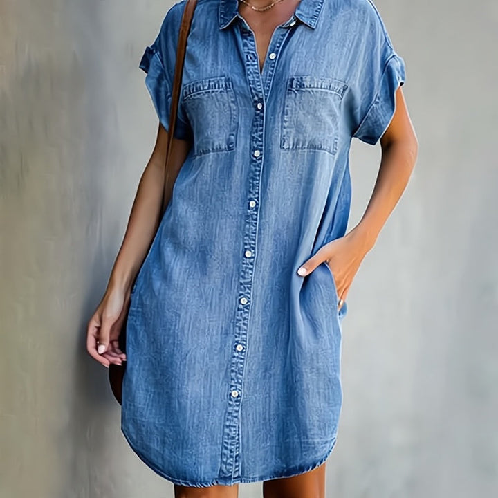 Violetta - Short-Sleeve Button-Front Mini Shirt Dress