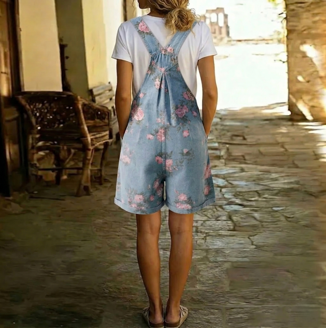Virginia - Embroidered Flower Short Denim Overalls