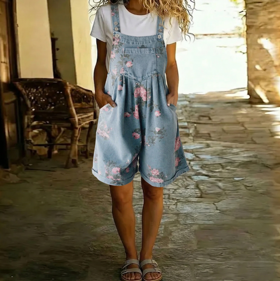 Virginia - Embroidered Flower Short Denim Overalls