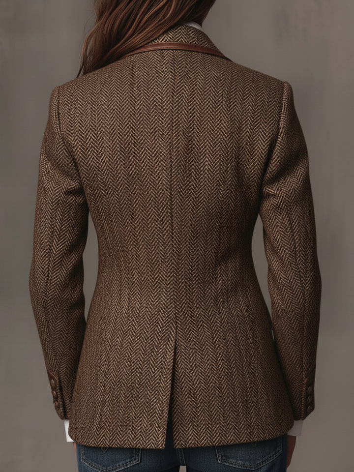Penny - Brown Chevron Blazer with Printed Lapel and Contrast Trim