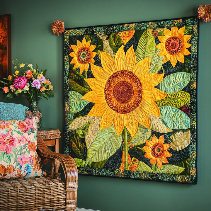 Golden Bloom Art Quilt Wall Hanging
