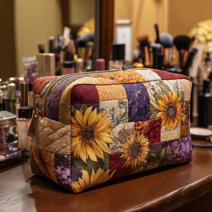 Golden Bloom Floral Quilted Makeup Bag