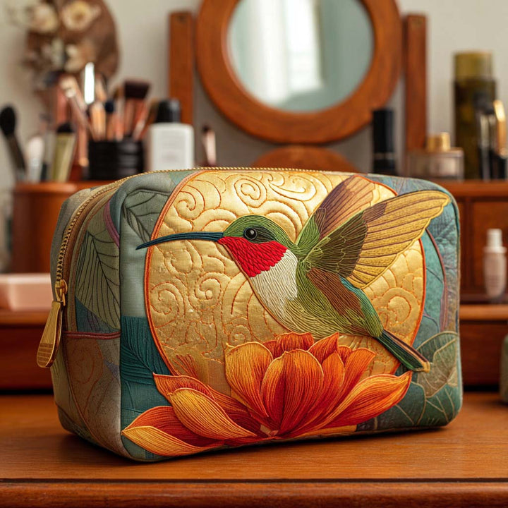 Golden Hummingbird Quilted Makeup Bag