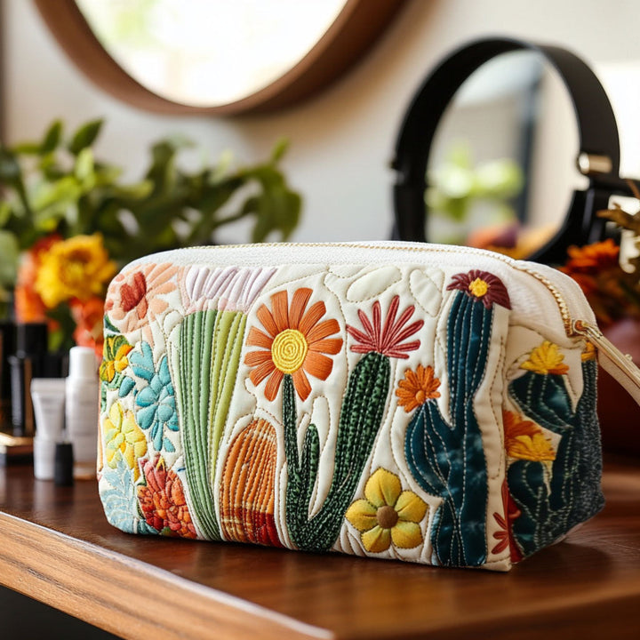 Green Cactus Quilted Makeup Bag