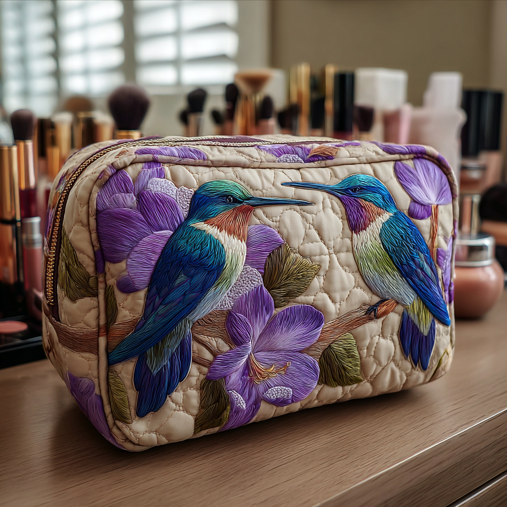 Delicate Hummingbird Quilted Makeup Bag