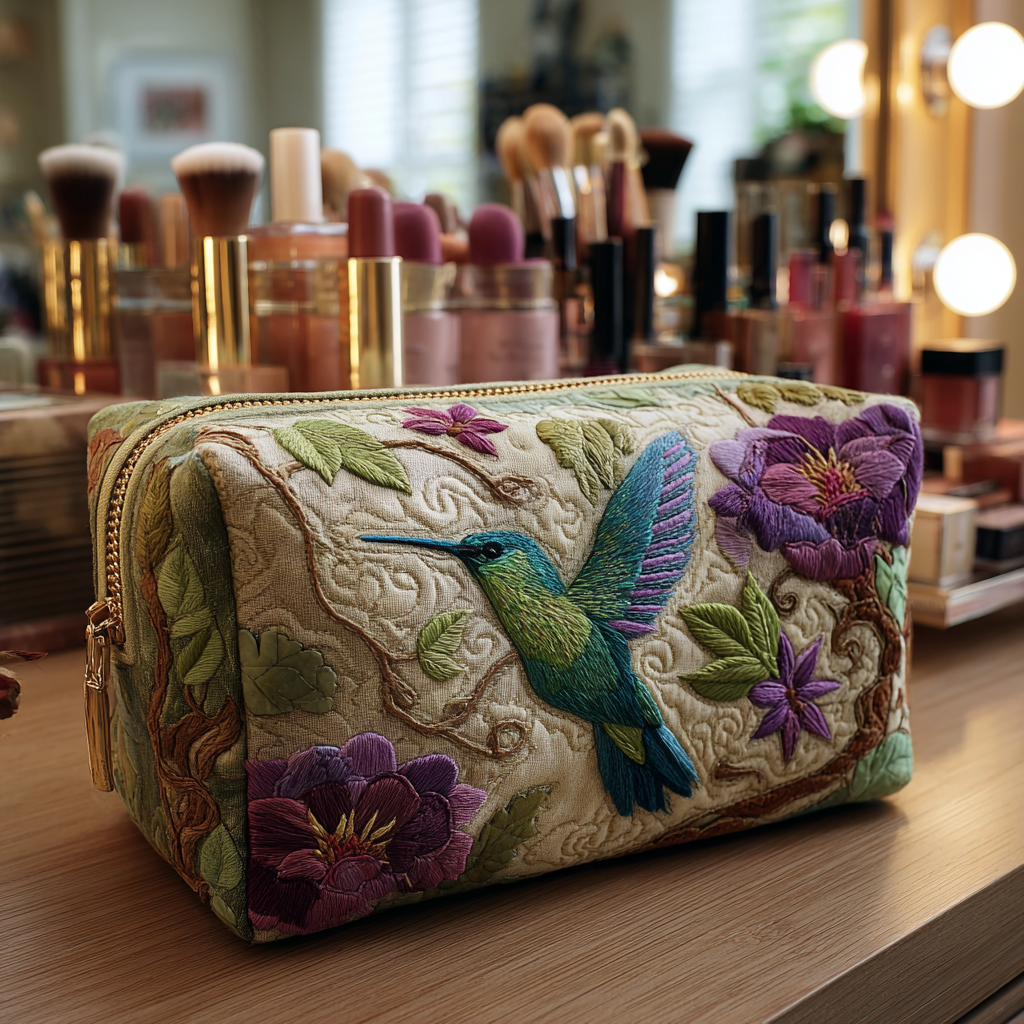 Graceful Hummingbird Quilted Makeup Bag