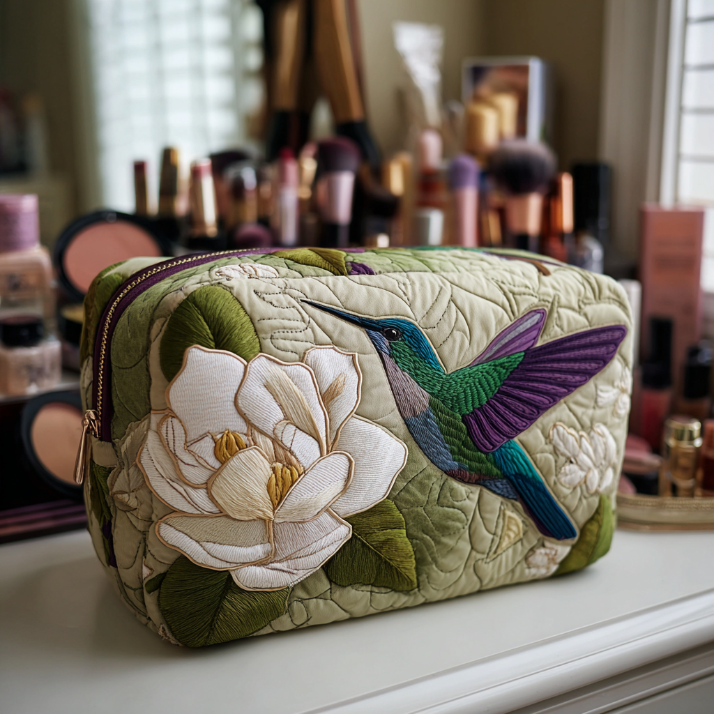 Hummingbird Meadow Quilted Makeup Bag