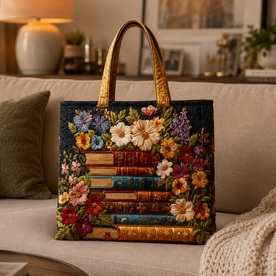 Bolso Tote Acolchado - Estampado floral y de libros