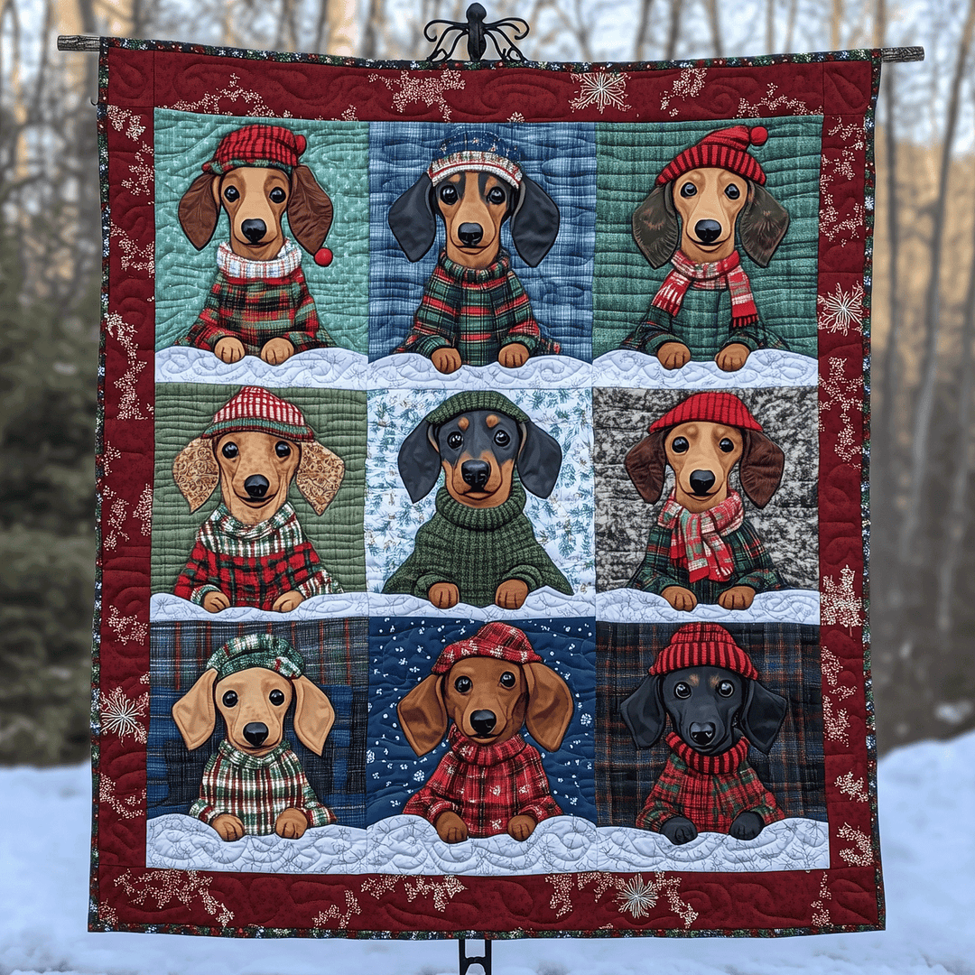 Merry Dachshund Art Quilt Wall Hanging